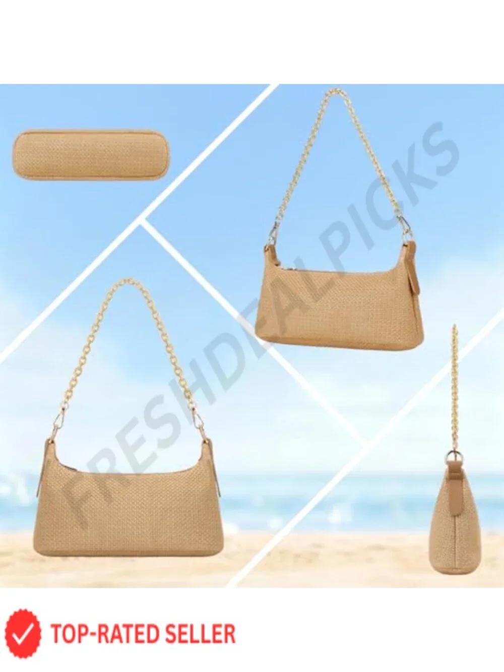 Boho Woven Straw Shoulder Bag with Charm Chain - Hobo Purse
